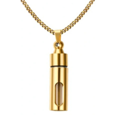 Commemorative urn pendant, Hollow tube, waterproof, stainless steel, gold 12,6 mm x 43 mm + chain 60 cm
