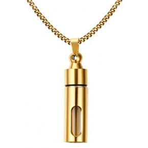 Commemorative urn pendant, Hollow tube, waterproof, stainless steel, gold 12,6 mm x 43 mm + chain 60 cm