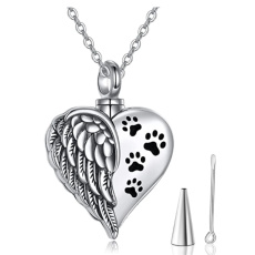 Commemorative urn pendant, Heart Angel wings + paws waterproof, Stainless steel 20 x 27 mm + chain 60 cm