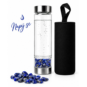 Skleněná láhev na vodu Napij se moudrosti – Lapis lazuli pro pravdu, intuici a harmonii | s vyměnitelnou minerální směsí | 500 ml