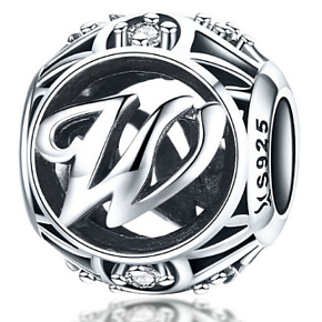 Sterling silver 925 Magic alphabet letter W + cubic zirconia, bead for bracelet