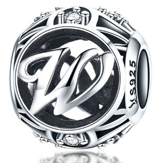 Sterling silver 925 Magic alphabet letter W + cubic zirconia, bead for bracelet