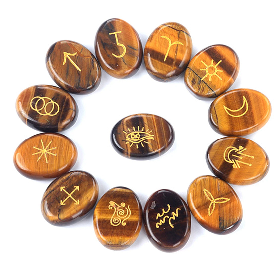 Tiger's Eye Rune Alphabet Oval Natural Stone, 15 x 20 mm 13 pieces