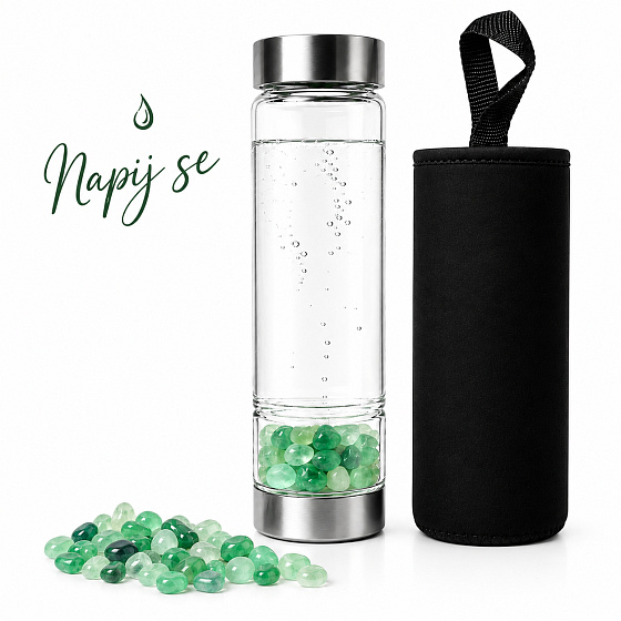 Skleněná láhev na vodu Napij se harmonie – Zelený fluorit pro klid, soustředění a rovnováhu | s vyměnitelnou minerální směsí | 500 ml