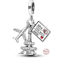 Sterling silver 925 Flying to Paris - wish you were here, 3in1 travel bracelet pendant 9 mm