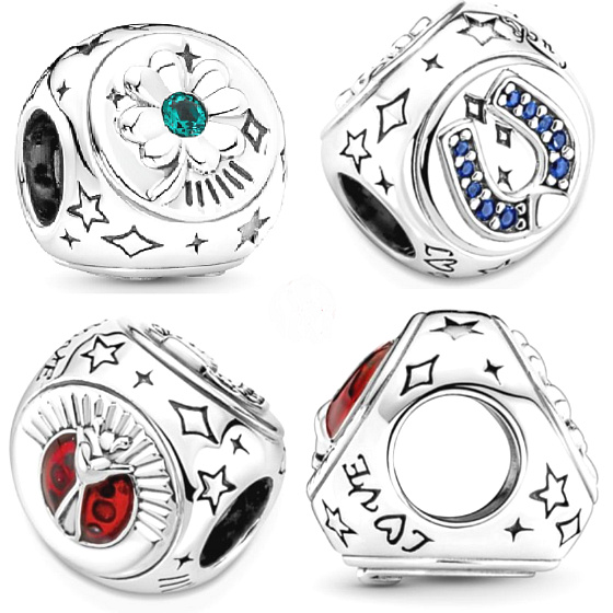 Charm Sterling silver 925 Four-leaf clover, horseshoe and ladybug 3in1, lucky bracelet bead