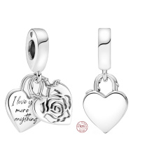 Charm Sterling silver 925 Padlock, heart and rose, love bracelet pendant