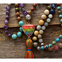 108 Mala 7 chakra necklace, meditation jewelry, natural stone, elastic, tassel 8 cm, bead 6+8 mm