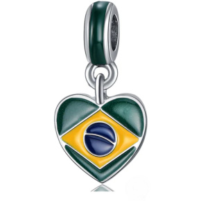 Charm Sterling Silver 925 Brazilian Flag Heart - I Love Brazil, Coffee Bean, Travel Bracelet Pendant