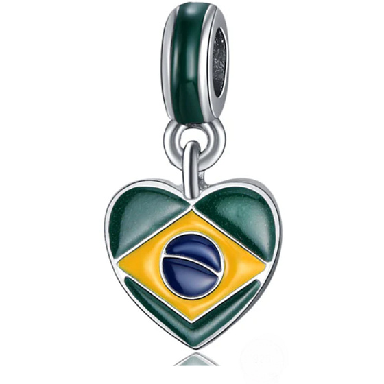 Charm Sterling Silver 925 Brazilian Flag Heart - I Love Brazil, Coffee Bean, Travel Bracelet Pendant