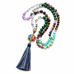108 Mala 7 chakra necklace, NOC meditation jewelry, natural stone, elastic, tassel 8 cm, bead 6+8 mm