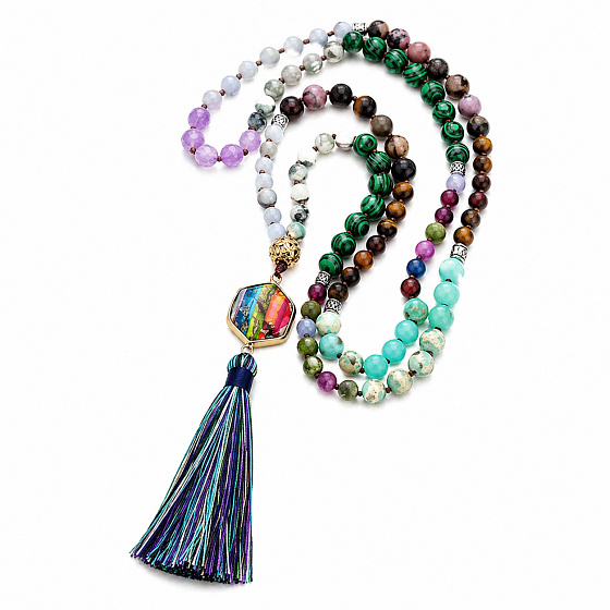 108 Mala 7 chakra necklace, NOC meditation jewelry, natural stone, elastic, tassel 8 cm, bead 6+8 mm