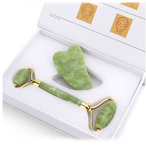 Serpentine Gua Sha 4,3 x 7,1 cm + massage roller 14 x 5,5 cm reduces wrinkles, swelling, improves skin elasticity, set