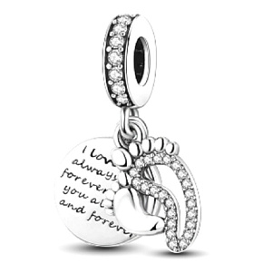 Sterling silver 925 I love you always and forever - footprints, 2in1 pendant for bracelet family