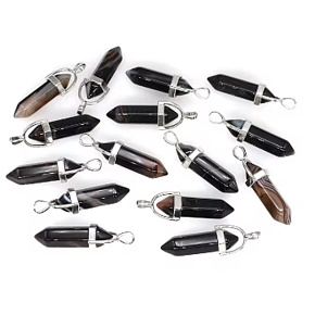 Black Agate Hexagon Pendulum Pendant Natural Stone 41 x 13 mm, Hand-Carved, Provides Courage and Strength, 1 Piece