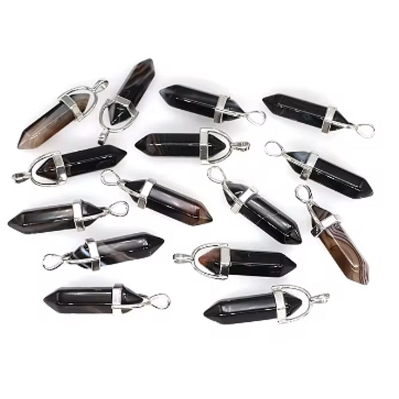 Black Agate Hexagon Pendulum Pendant Natural Stone 41 x 13 mm, Hand-Carved, Provides Courage and Strength, 1 Piece