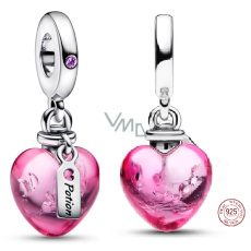 Charm Sterling silver 925 Mysterious heart with Murano red glass love potion, pendant for bracelet