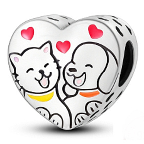 Sterling silver 925 Cat and dog heart bead for pet bracelet
