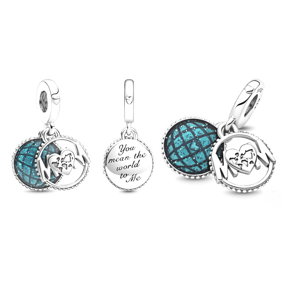 Sterling silver 925 Sparkling globe and the word Mum 2in1, family bracelet pendant