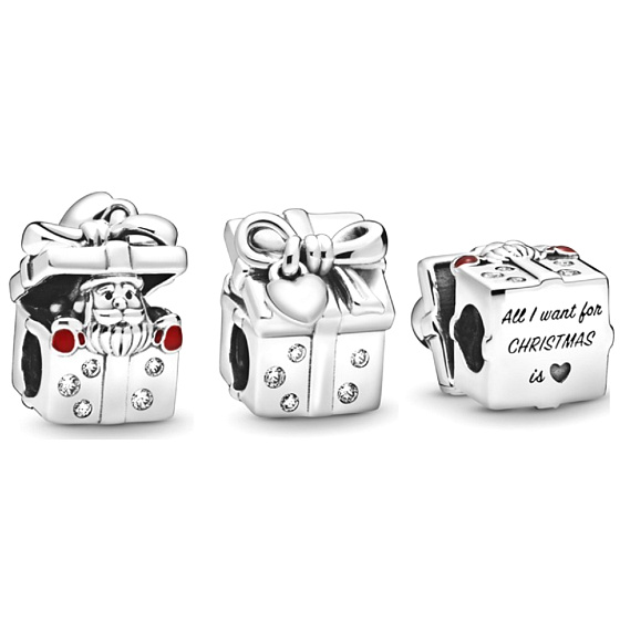 Charm Sterling silver 925 Santa in gift box, bead on bracelet Christmas