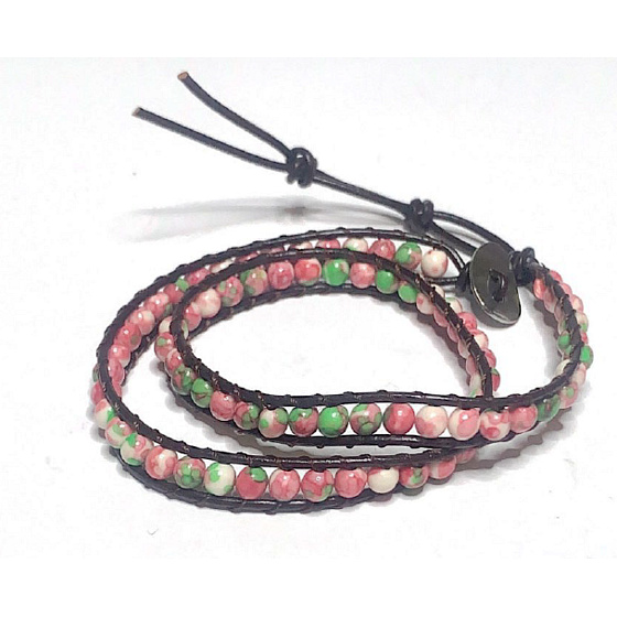 Marble Rose Red leather brown bracelet natural stone wrap hand knitted bead 6 mm / approx. 34 cm + 5 cm