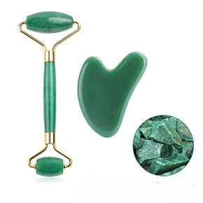 Chalcedon Gua Sha 5 x 8 cm + massage roller 14 x 5,5 cm reduces wrinkles, swelling, improves skin elasticity, set without packaging