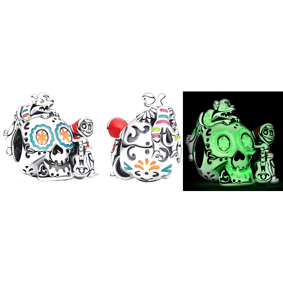 Charm Sterling silver 925 Disney Pixar Coco Miguel & Dante skull glow in the dark, Luminous bead bracelet, Halloween