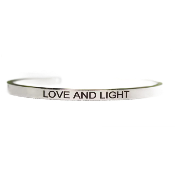 Stainless steel bracelet silver with engraving Love and Light, open cuff, 4 mm