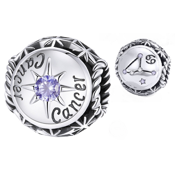 Charm Sterling silver 925 Zodiac sign, cubic zirconia Cancer, bead for bracelet