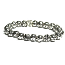 Lava silver colour dark plated with royal mantra Om, bracelet elastic natural stone, bead 8 mm / 16-17 cm, born of the four elements