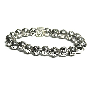 Lava silver colour dark plated with royal mantra Om, bracelet elastic natural stone, bead 8 mm / 16-17 cm, born of the four elements Lava silver colour dark plated with royal mantra Om, bracelet elastic natural stone, bead 8 mm / 16-17 cm, born of the four elements