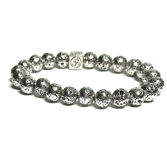 Lava silver colour dark plated with royal mantra Om, bracelet elastic natural stone, bead 8 mm / 16-17 cm, born of the four elements