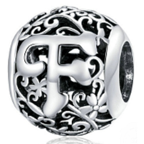 Sterling silver 925 Magic alphabet letter F with flowers, bead for bracelet