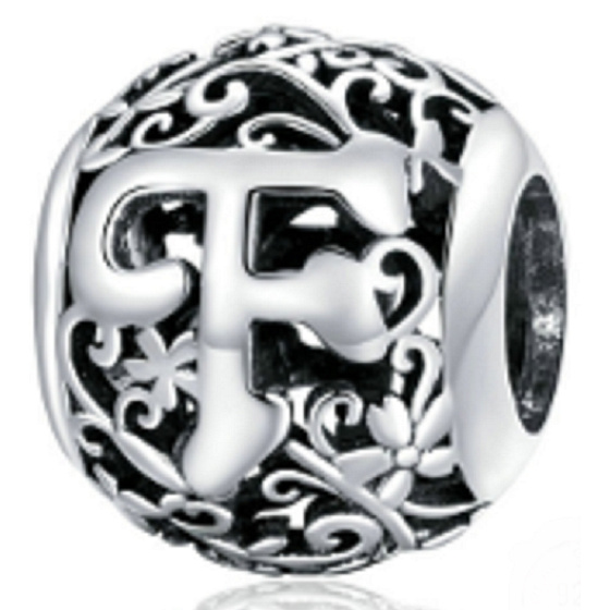 Sterling silver 925 Magic alphabet letter F with flowers, bead for bracelet