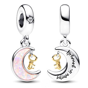 Charm Sterling silver 925 moon and key, cubic zirconia, pink opal created in the laboratory, bracelet pendant universe