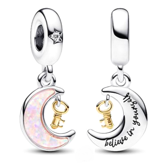 Charm Sterling silver 925 moon and key, cubic zirconia, pink opal created in the laboratory, bracelet pendant universe