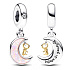 Charm Sterling silver 925 moon and key, cubic zirconia, pink opal created in the laboratory, bracelet pendant universe