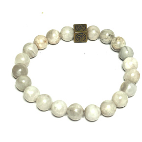 Agate grey with royal mantra Ohm bracelet elastic natural stone, ball 8 mm / 16 - 17 cm