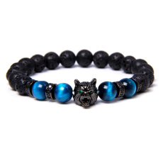 Lava black + Tiger eye light blue + Wolf head bracelet elastic natural stone, ball 8 mm / 19 cm