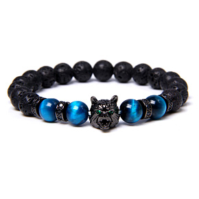 Lava black + Tiger eye light blue + Wolf head bracelet elastic natural stone, ball 8 mm / 19 cm Lava black + Tiger eye light blue + Wolf head bracelet elastic natural stone, ball 8 mm / 19 cm