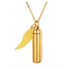 Commemorative urn pendant, angel wings gold waterproof, stainless steel 9 x 37 mm + chain 56 cm