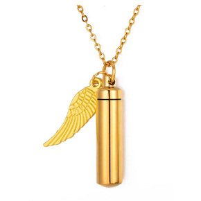 Commemorative urn pendant, angel wings gold waterproof, stainless steel 9 x 37 mm + chain 56 cm