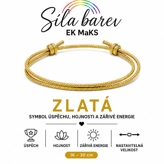 Šňůrkový náramek Síla barev – Zlatá | Symbol úspěchu, hojnosti a zářivé energie | nastavitelný 16 - 30 cm