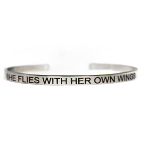 Stainless steel bracelet silver with engraving Flies with her own wings, open cuff, 4 mm Stainless steel bracelet silver with engraving Flies with her own wings, open cuff, 4 mm