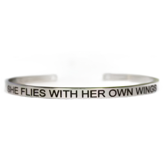 Stainless steel bracelet silver with engraving Flies with her own wings, open cuff, 4 mm
