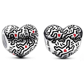Charm Sterling Silver 925 Keith Haring Heart Art Lines and People Bead Bracelet Symbol
