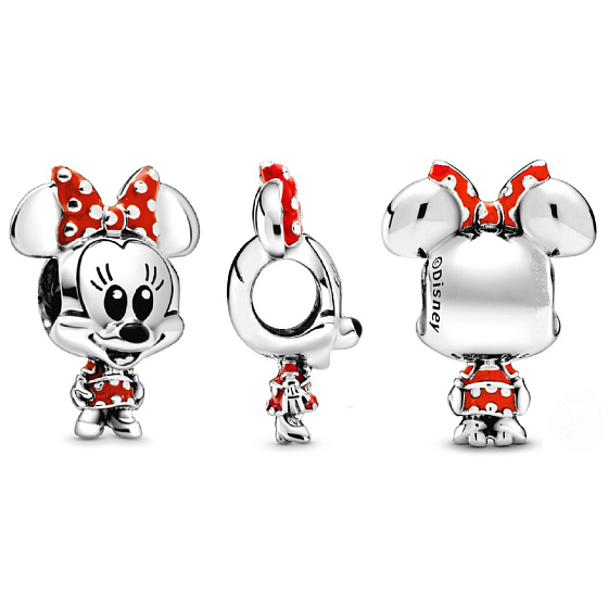 Charm Sterling silver 925 Disney Minnie Mouse mouse with polka dot dress and bow, bead on bracelet