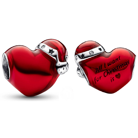 Charm Sterling Silver 925 Red Christmas Heart, Bead for Christmas Bracelet