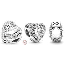 Charm Sterling silver 925 Shining hearts, bead on bracelet, love