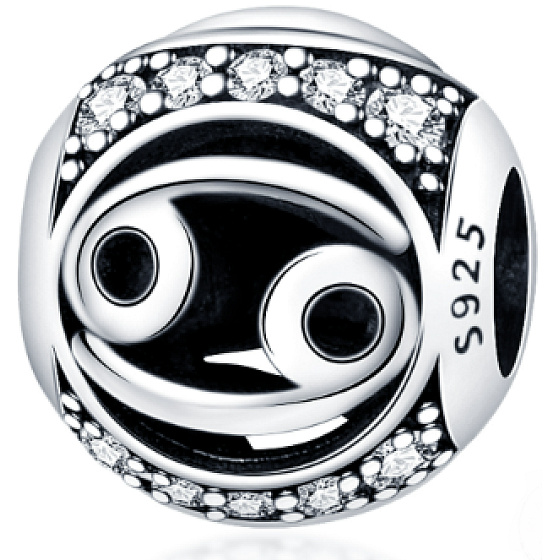 Cancer, zodiac sign, silver + zirconia bracelet pendant, ball 9 mm 1 piece
